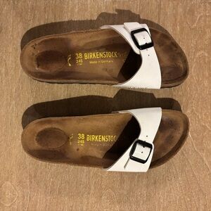 Birkenstock White Slides with Black Buckle